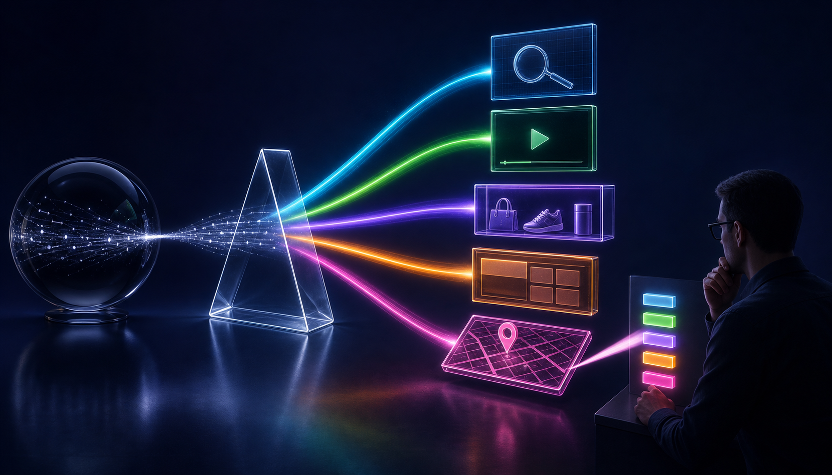 An analyst observes one automated advertising stream separated into visible paths for search, video, shopping, web, and map channels.
