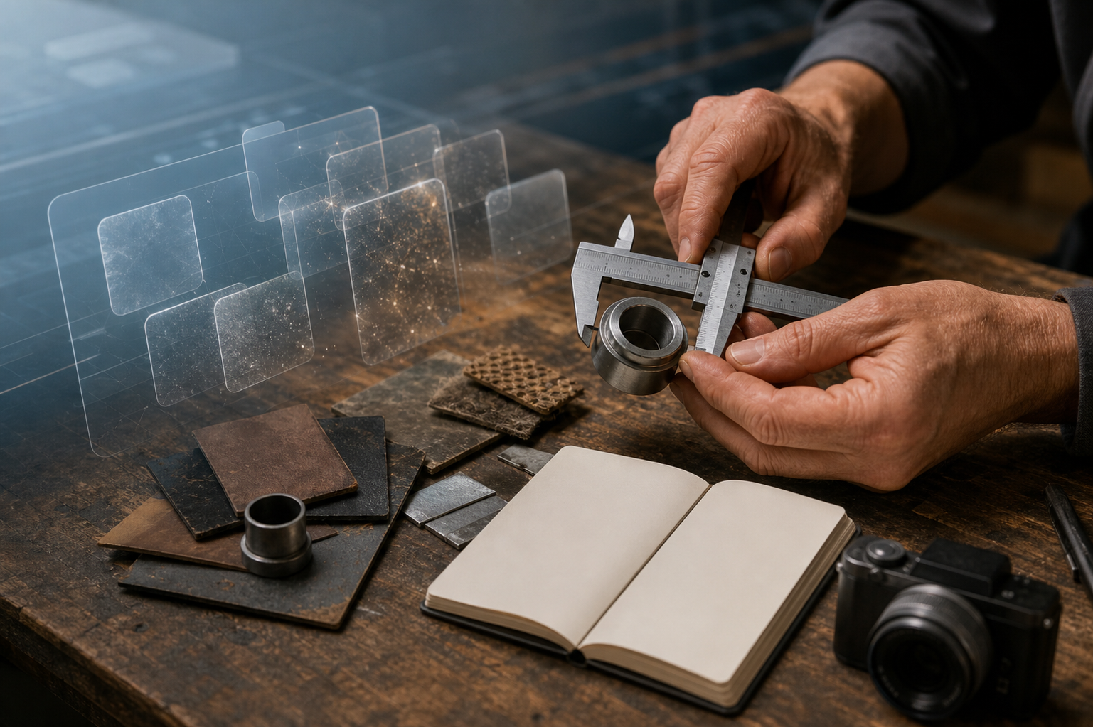 Hands examine a physical component with measuring tools, samples, a blank notebook, and a camera beside an abstract digital content panel.