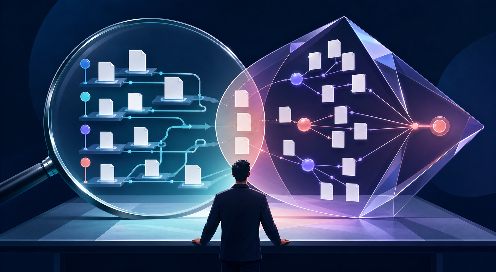 A strategist compares a competitive landscape through a search-focused magnifying lens and an AI-answer prism above an analysis table.