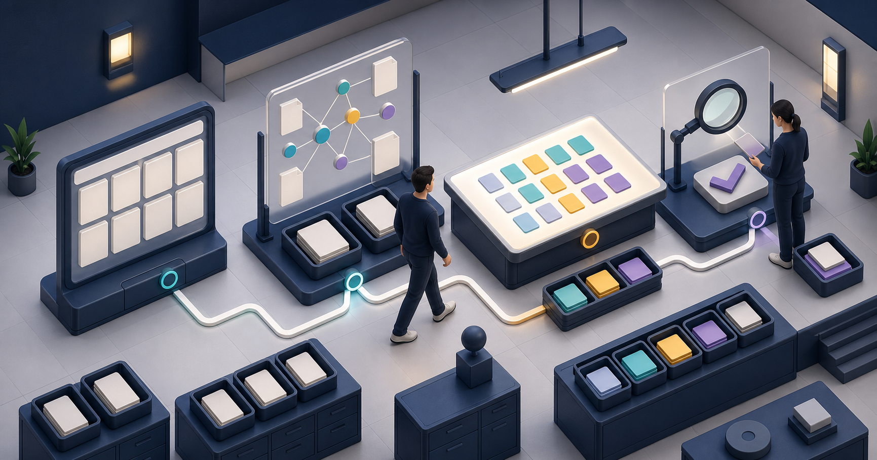 Two analysts move evidence through connected observation, capture, comparison, and verification workstations.