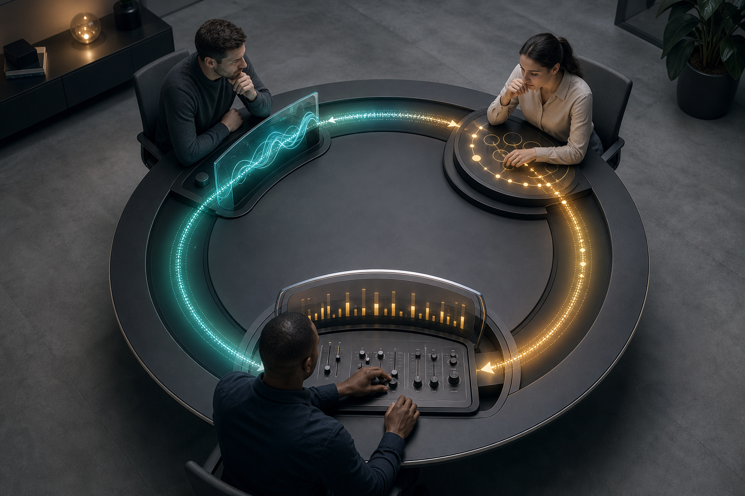 Three marketing specialists observe and adjust a circular workstation linked by an illuminated feedback path.