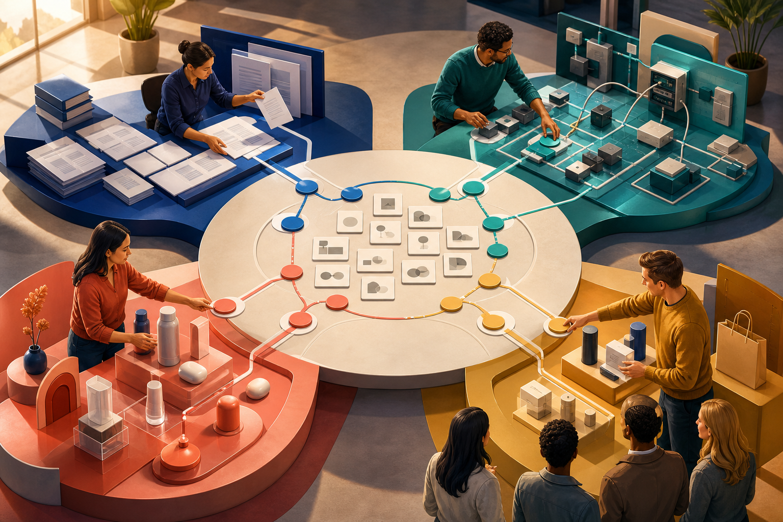 A team sorts research evidence from a central table into four connected content, technical, positioning, and product-marketing work areas.