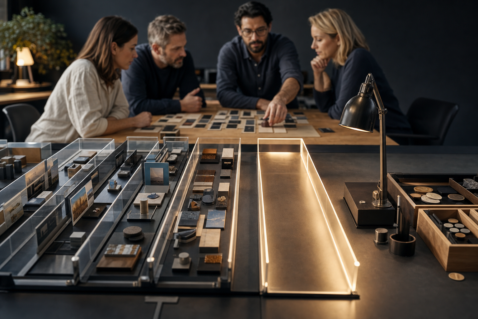 Campaign prototypes sit in separate testing lanes while a team selects an option at a nearby decision table.