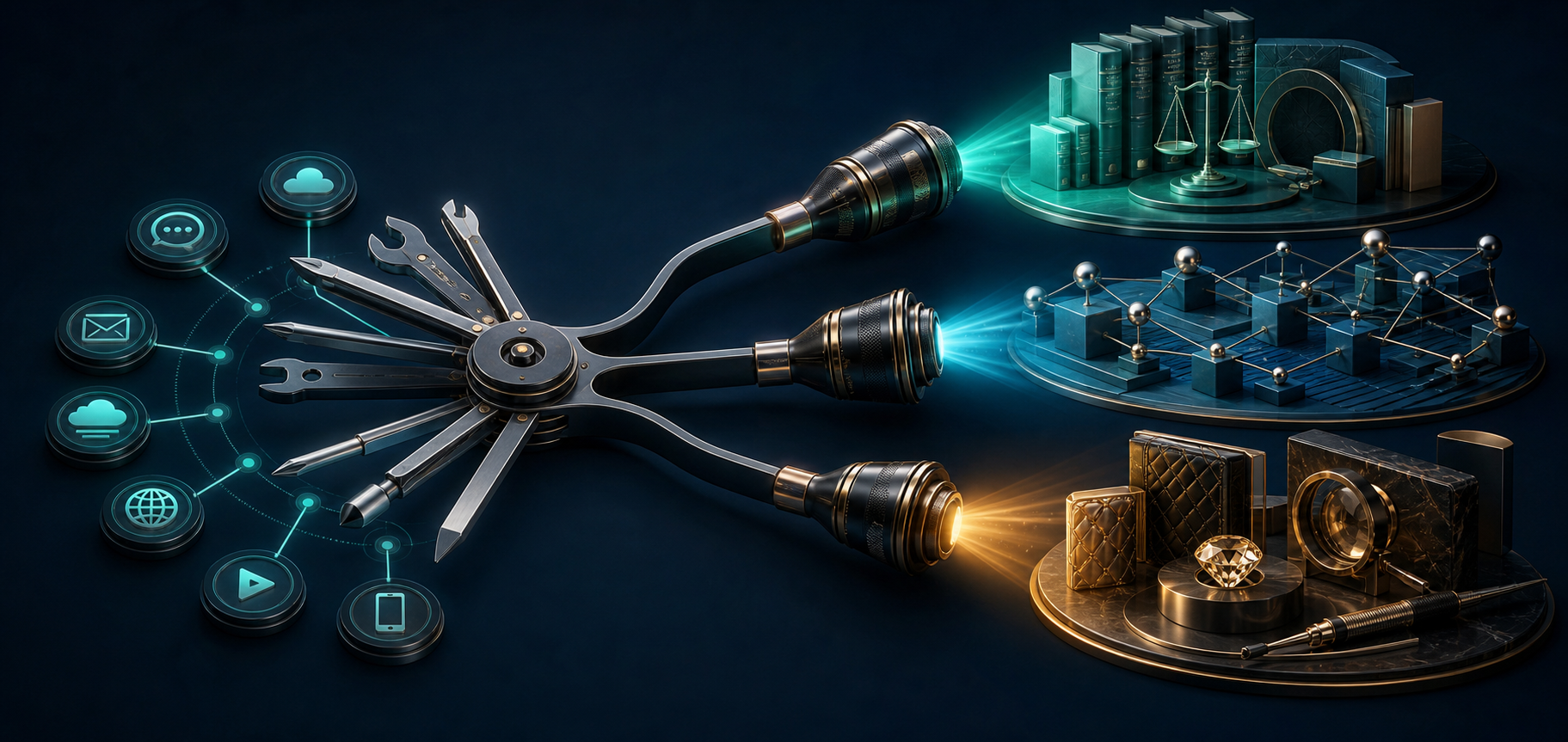 A broad branching structure and three precision instruments represent generalist and specialist agency capabilities.