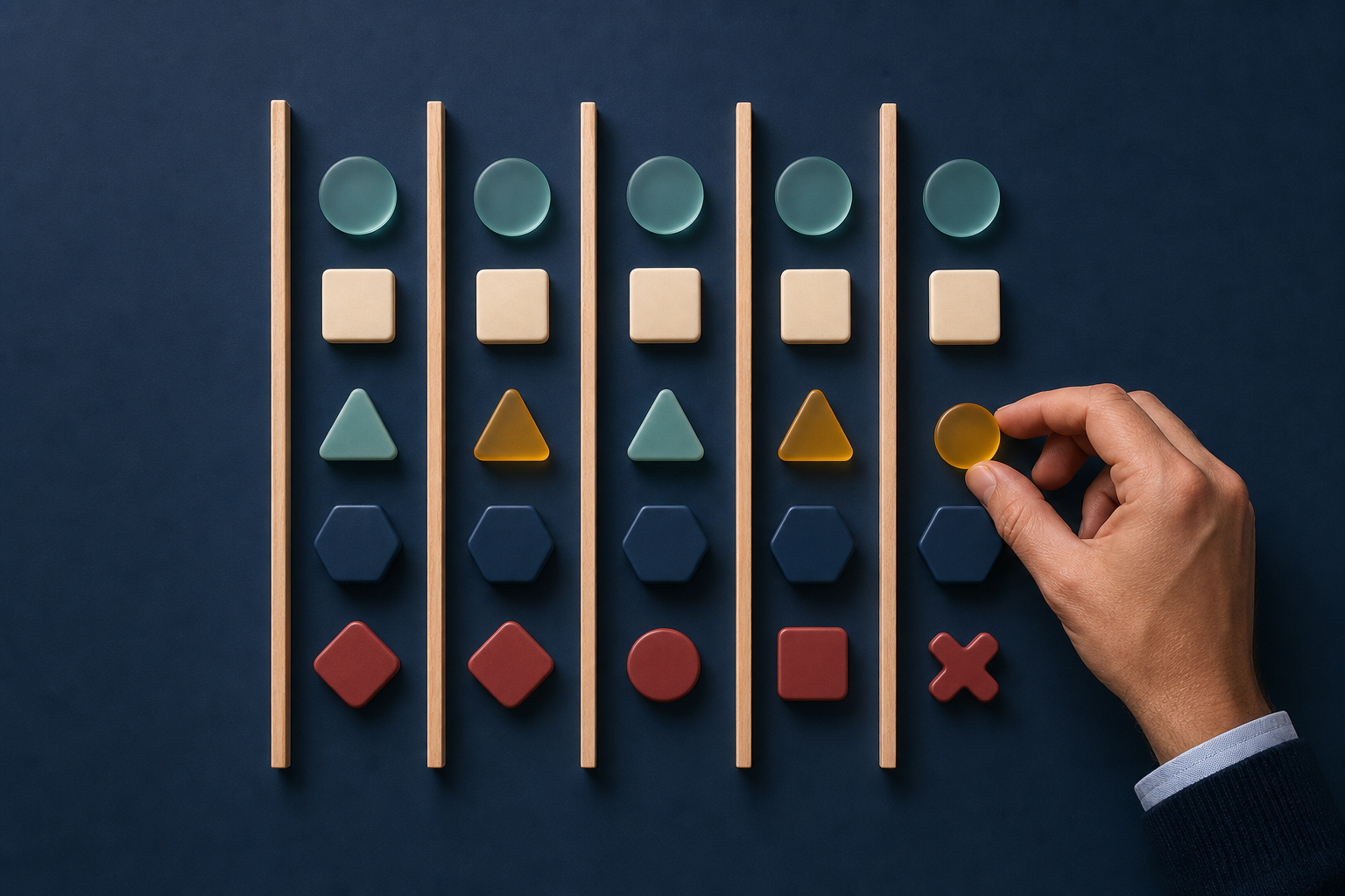 Geometric client-project tokens are arranged across five unlabeled assessment lanes on a worktable.