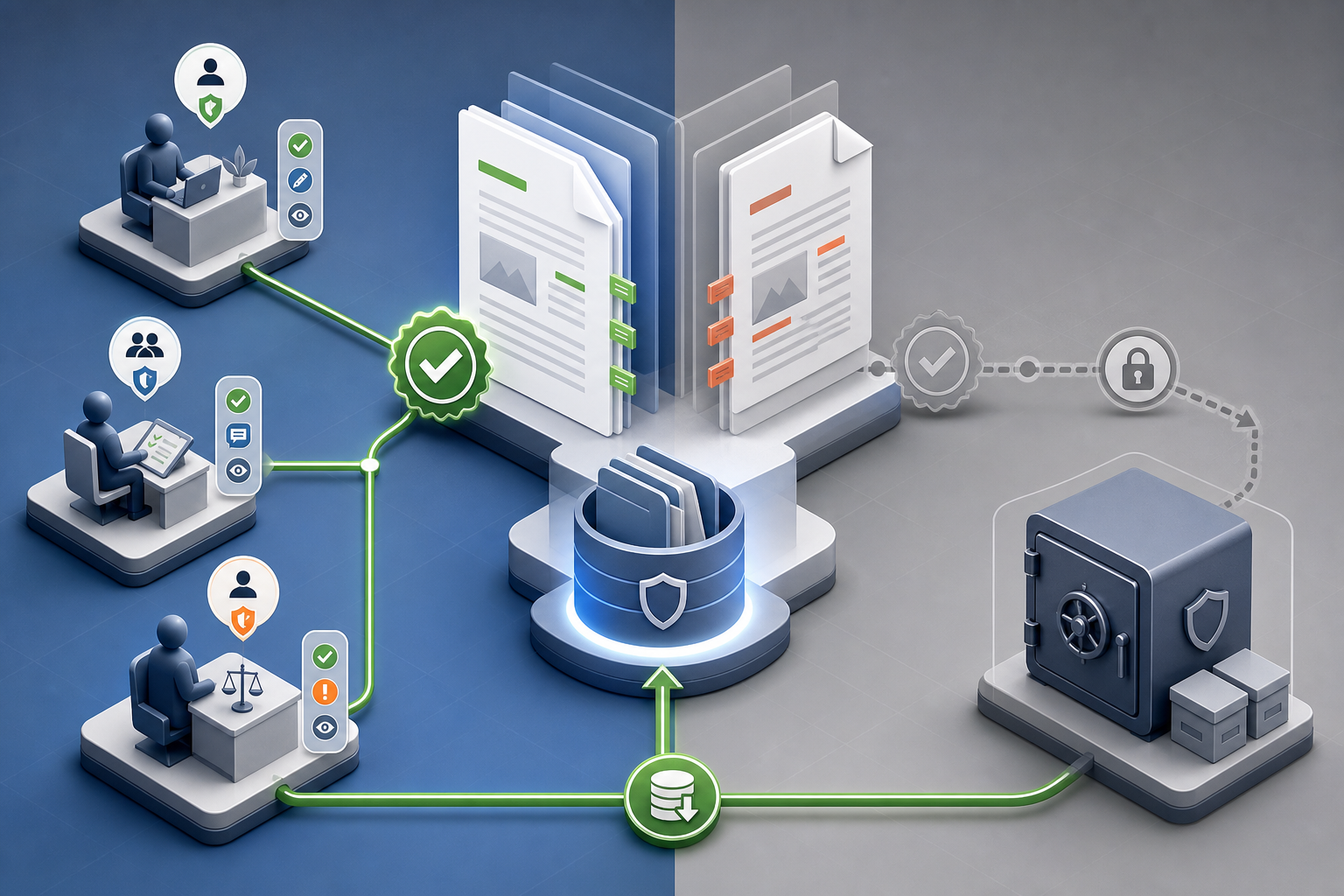 An isometric workflow shows two document revisions, with the latest connected to an approval seal and archive while the older approval path is locked.