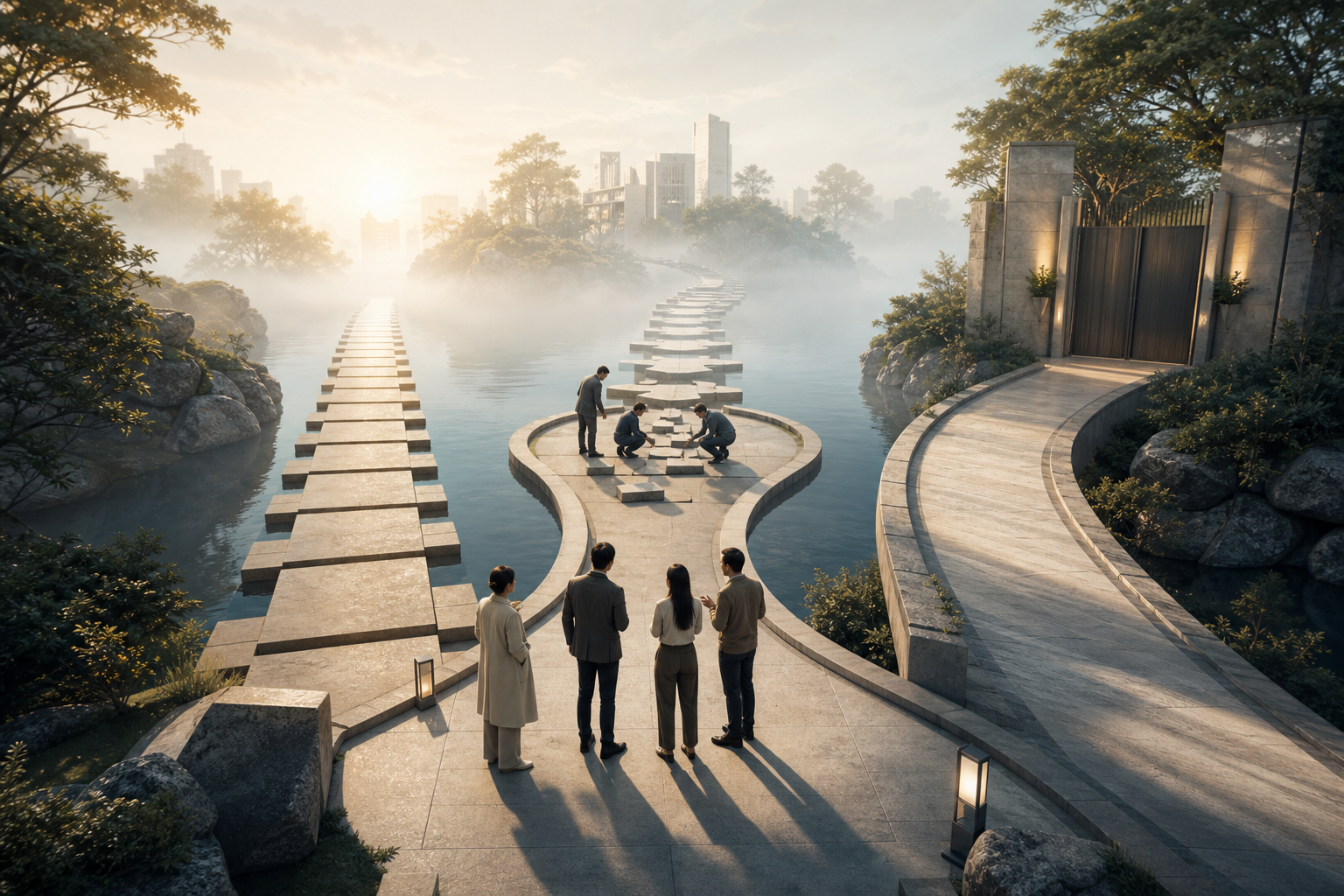 An agency team considers a direct path, an inspection platform, and a return route at an architectural junction.