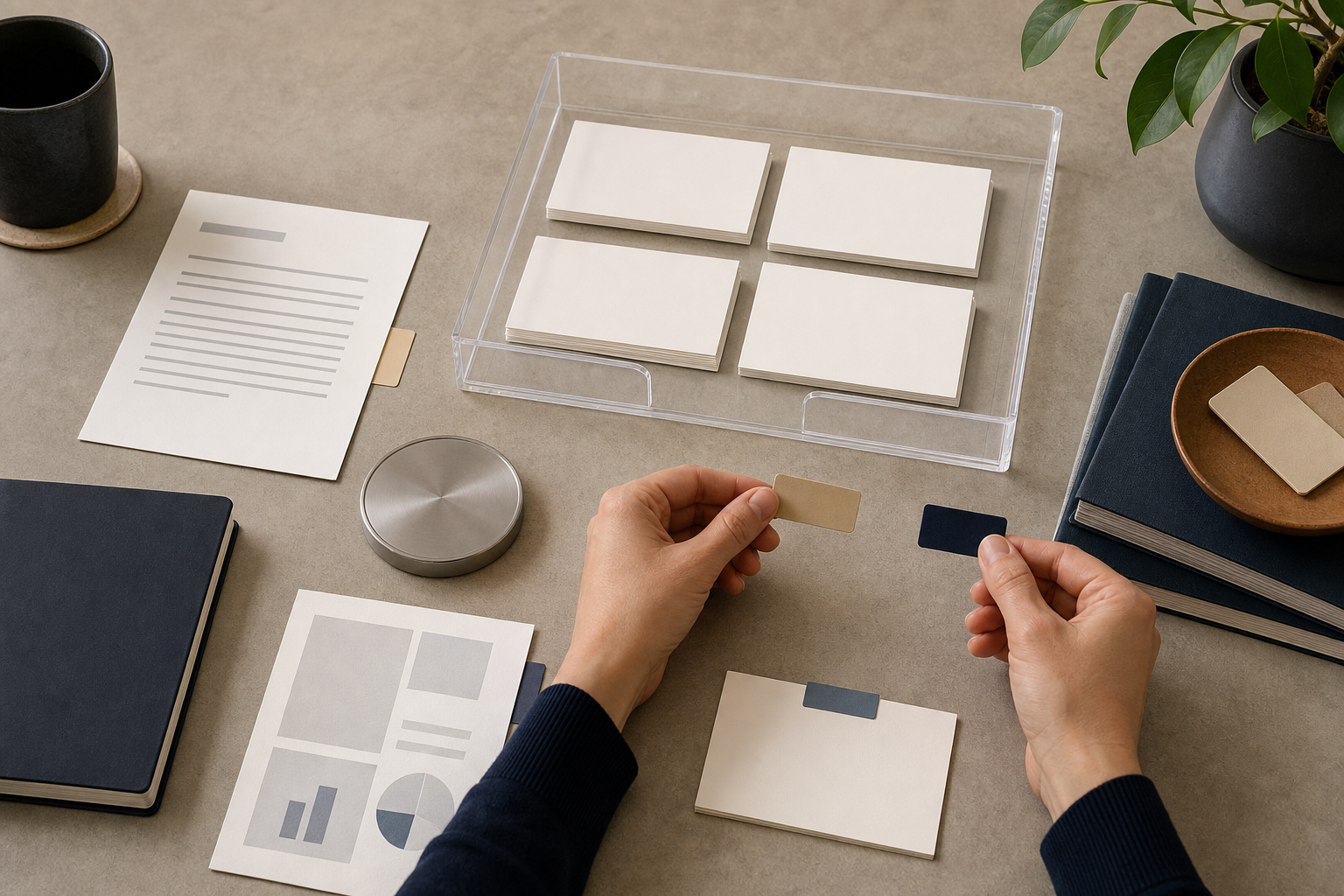 Hands organize blank press materials, a neutral medallion, and research documents beside a separate tray of generic ad cards.