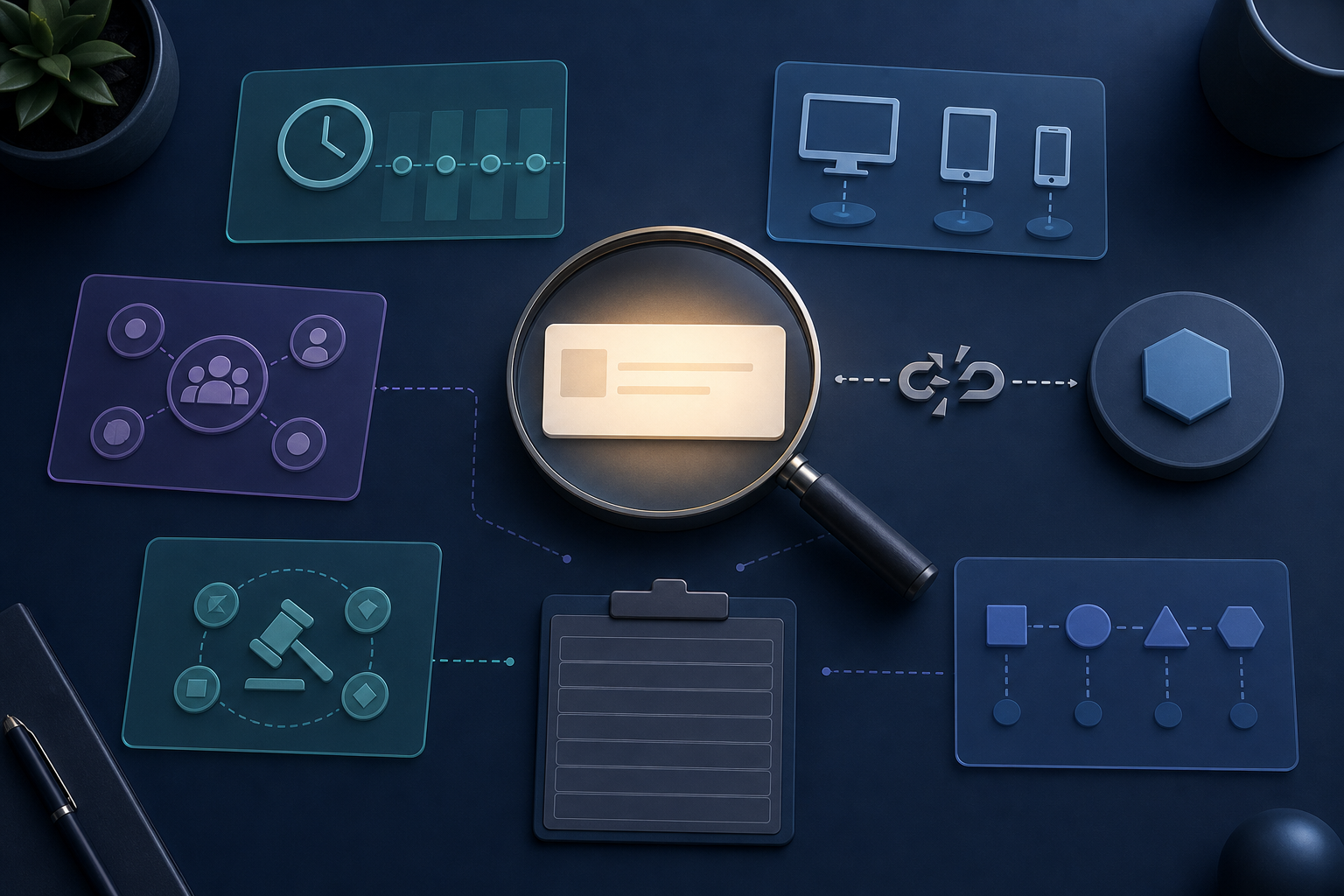 A magnifying lens examines a blank search-ad card surrounded by separate contextual layers, while a broken link separates the observation from an outcome token.