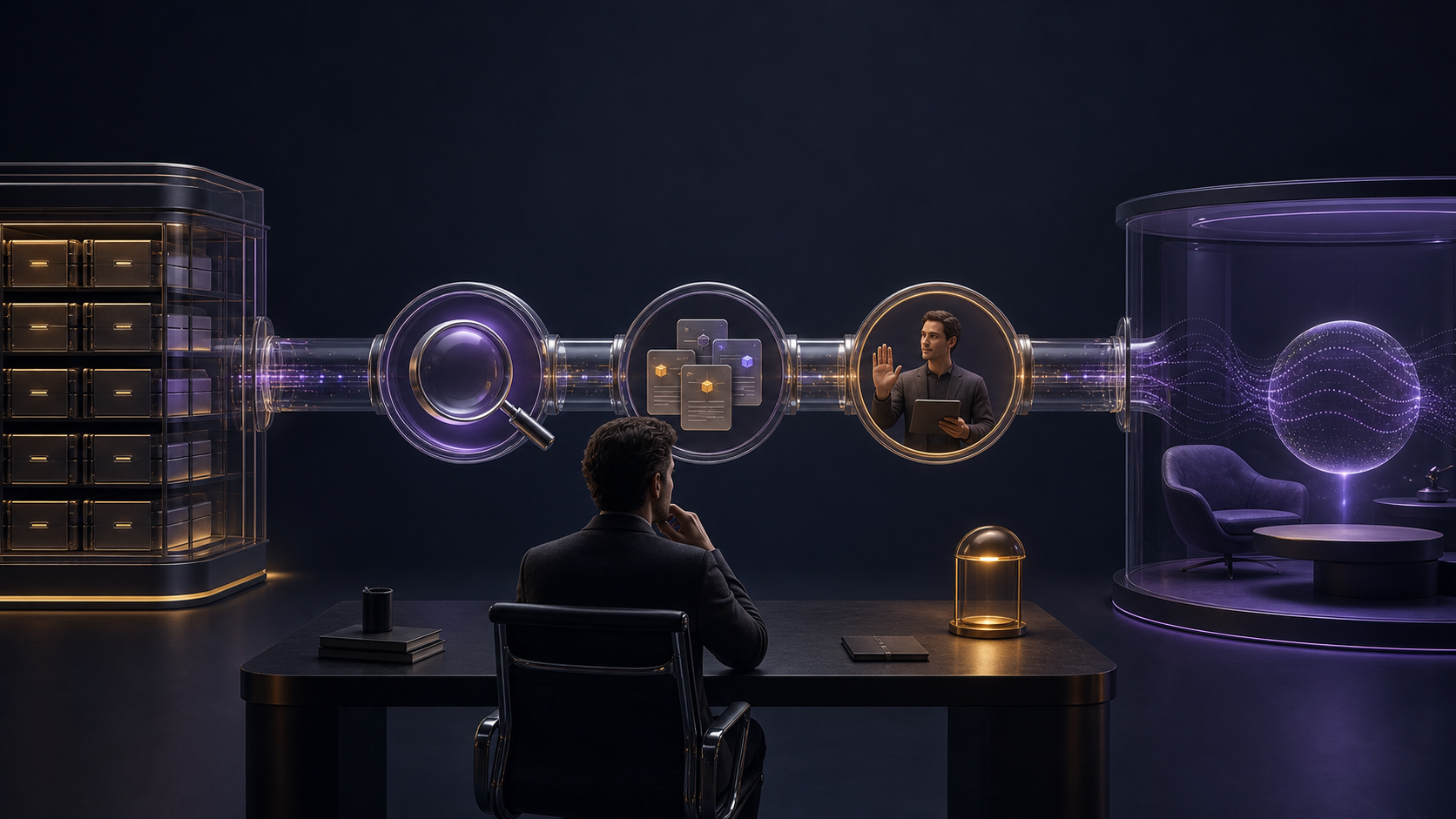A strategist reviews a secure workflow linking an analytics repository to a conversational AI workspace through scope, evidence, and approval stages.