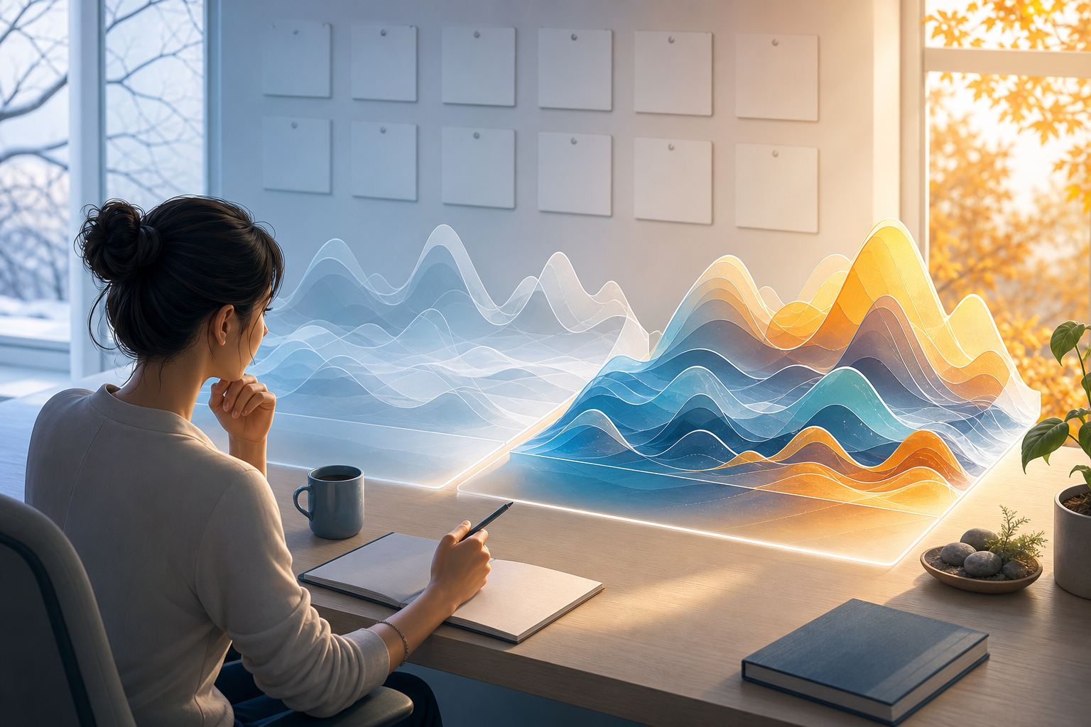 A content strategist compares two abstract periods of search-interest patterns at a desk.