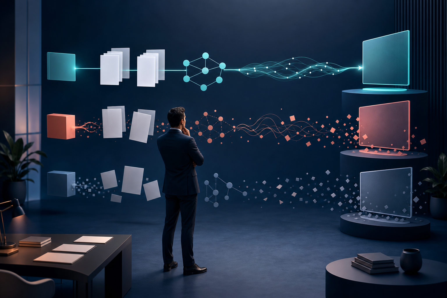 A business decision-maker compares three visual pathways connecting source documents and retrieval signals to abstract AI answer interfaces.