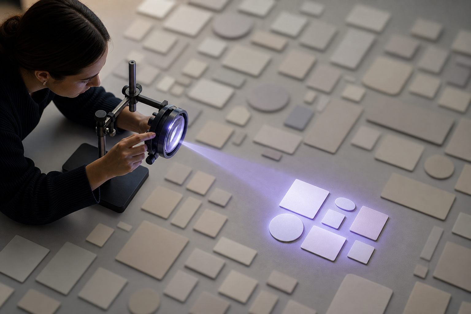 An analyst uses a focusing lens to isolate a small set of evidence tiles from a larger blurred collection.