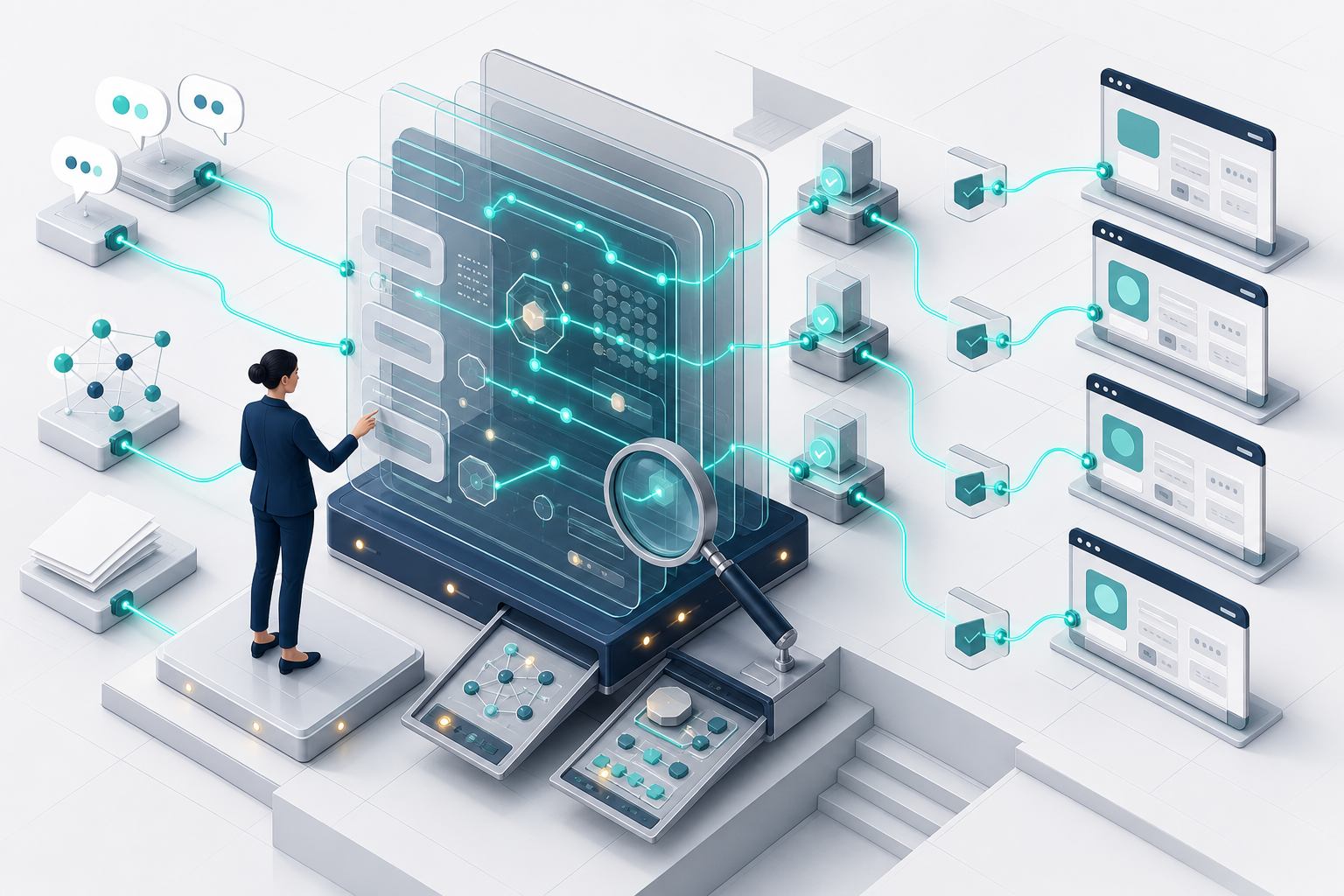 An analyst inspects transparent measurement layers that trace abstract AI answer signals back to questions and source documents.
