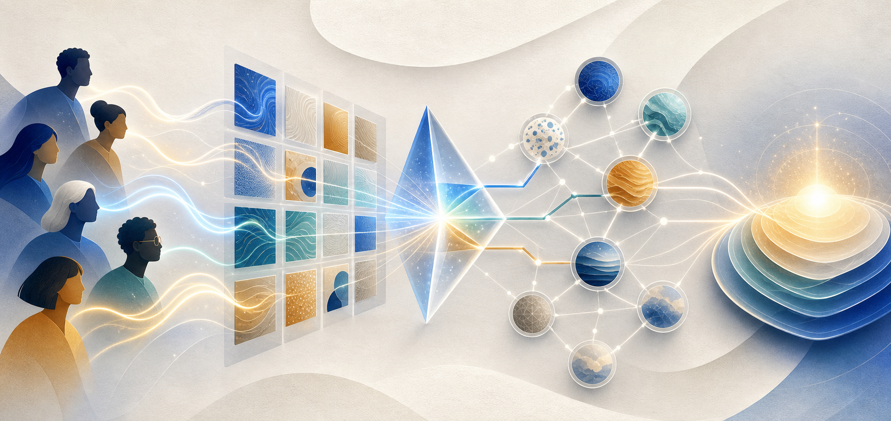 Abstract figures send glowing queries through organized content tiles and independent source nodes toward a luminous AI answer form.