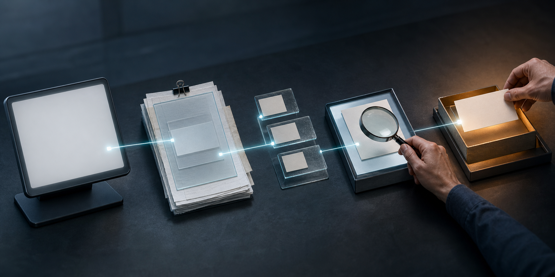 Connected conversation, source, evidence, review, and approval objects form a traceable path across an analyst's workspace.