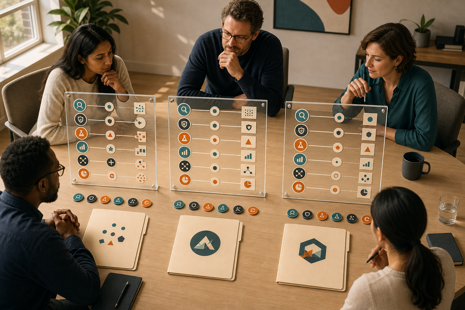 A client team evaluates three anonymous agency proposals using matching evidence frames and sets of visual criteria.