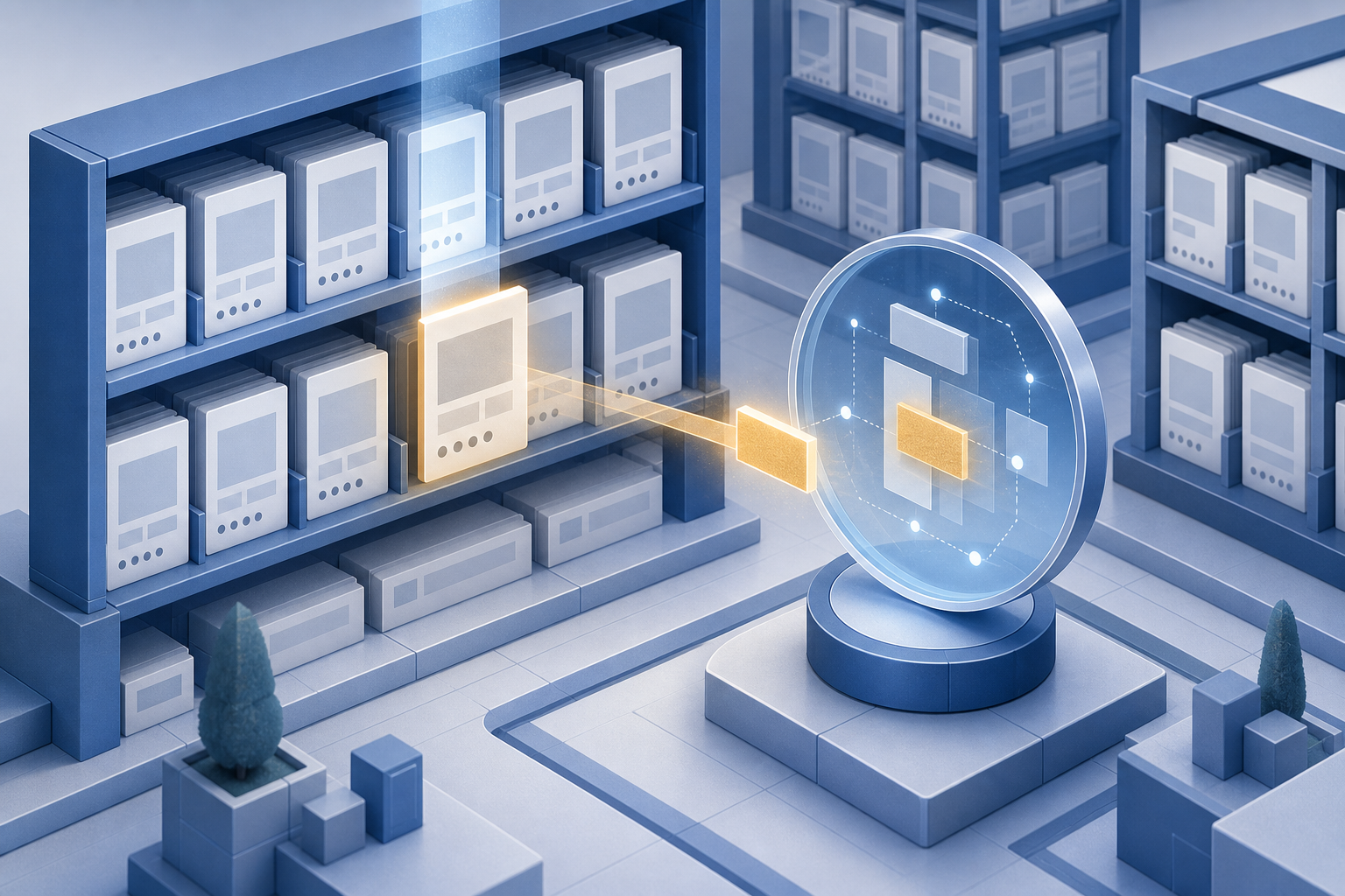 An isometric digital library shows a beam retrieving one structured document card and extracting a highlighted fragment.