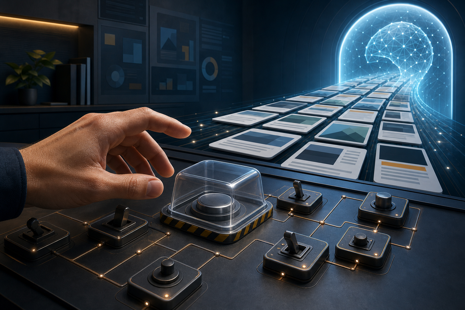 An editor's hand hovers over a covered switch on a control desk connected to article cards and an abstract AI search gateway.