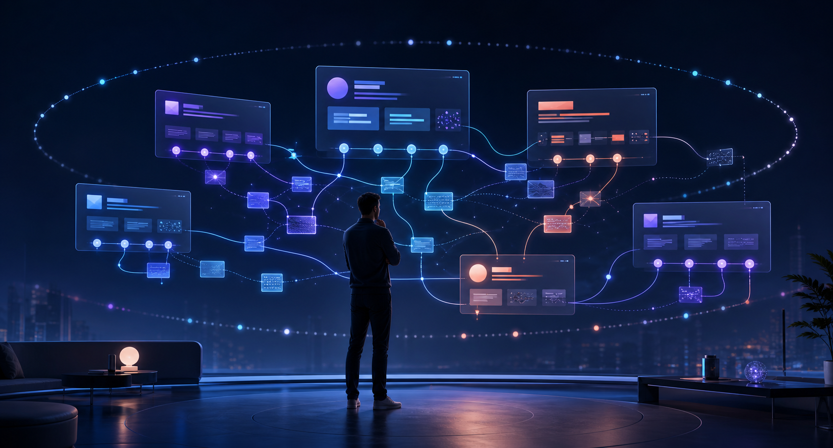 An analyst observes multiple translucent AI answer panels connected to changing groups of source nodes over time.