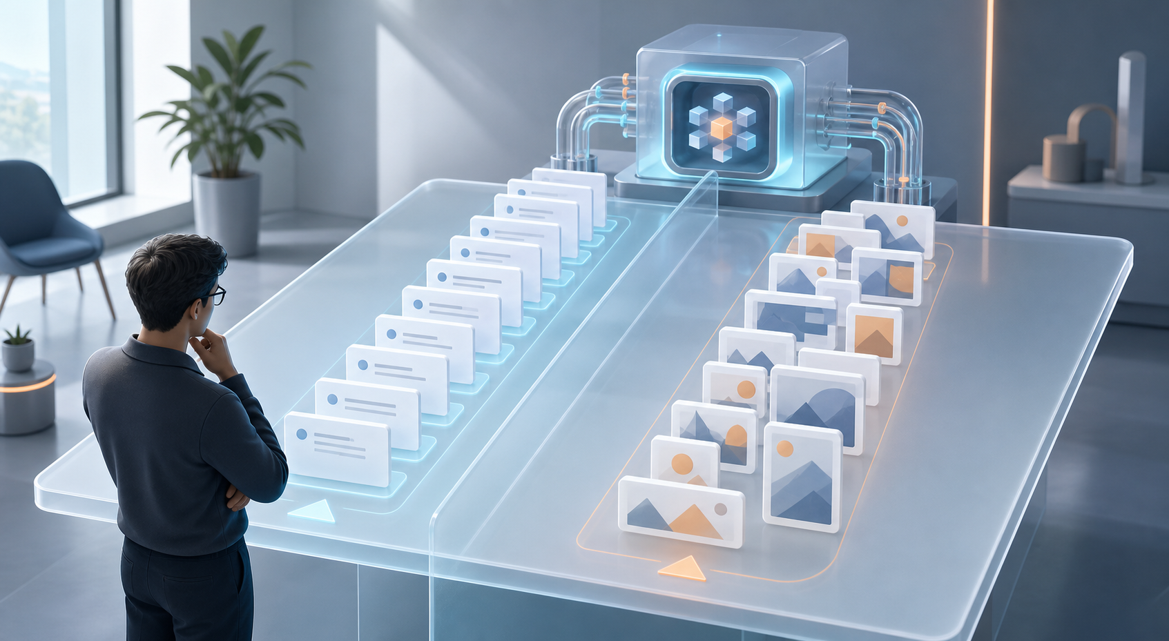 An analyst compares two separated streams of generic advertising inventory connected to one automated campaign engine.