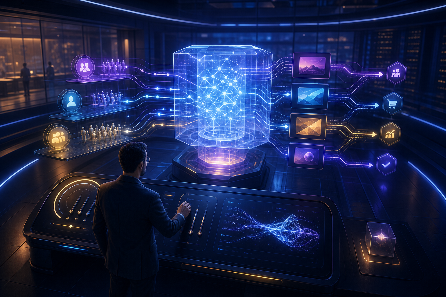 An advertising strategist monitors an automated system connecting campaign, audience, creative and conversion signals in a futuristic control room.
