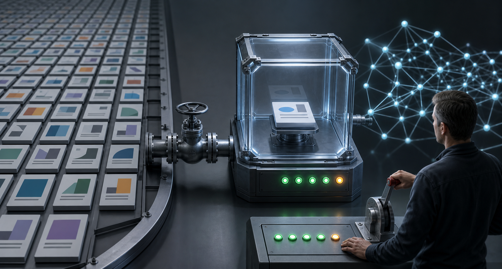 A single article tile is tested in a transparent chamber while an operator monitors indicator lights beside a rollback lever.