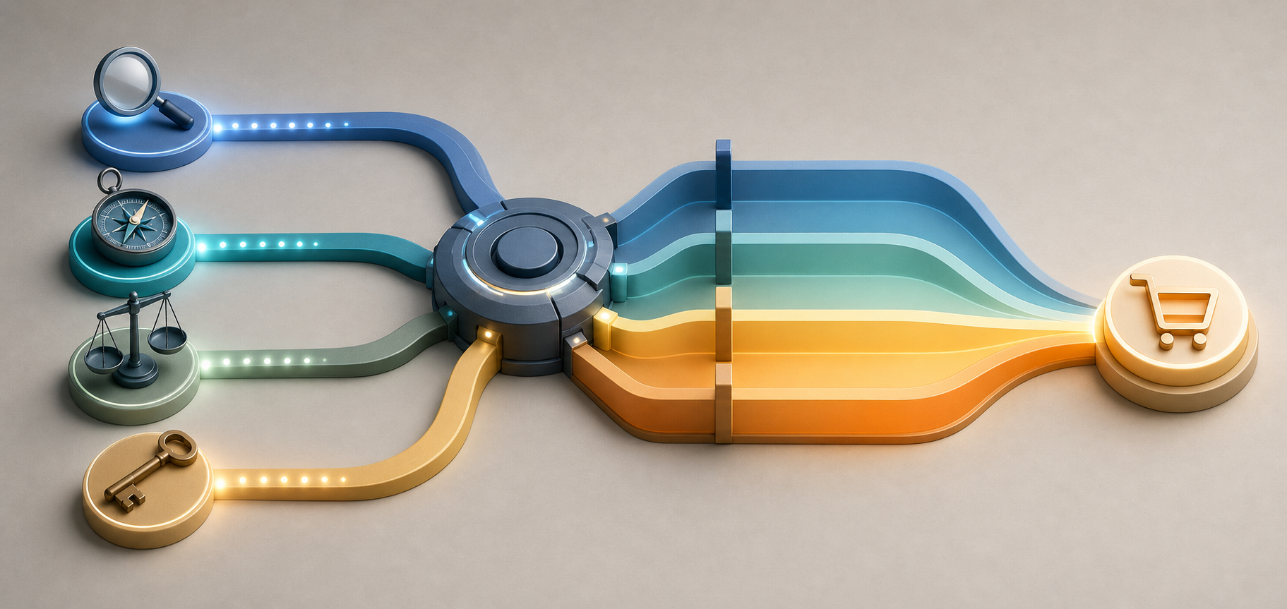 A magnifying lens, compass, balance, and key are sorted into four colored pathways that progress from cool blue to warm amber.