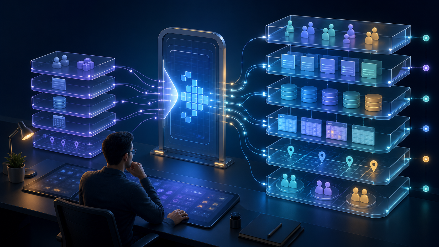 An engineer views a layered advertising technology system passing through a controlled upgrade gateway into a more detailed modular system.