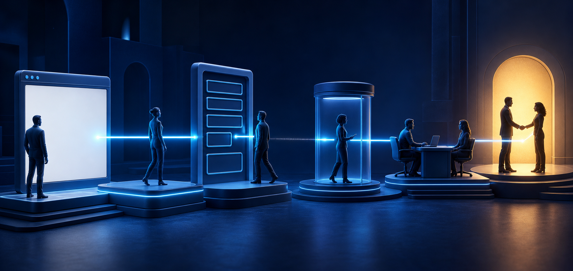 A glowing line connects a blank web portal, landing platform, form gate, qualification checkpoint, sales desk, and customer handshake, with one dim gap in the middle.
