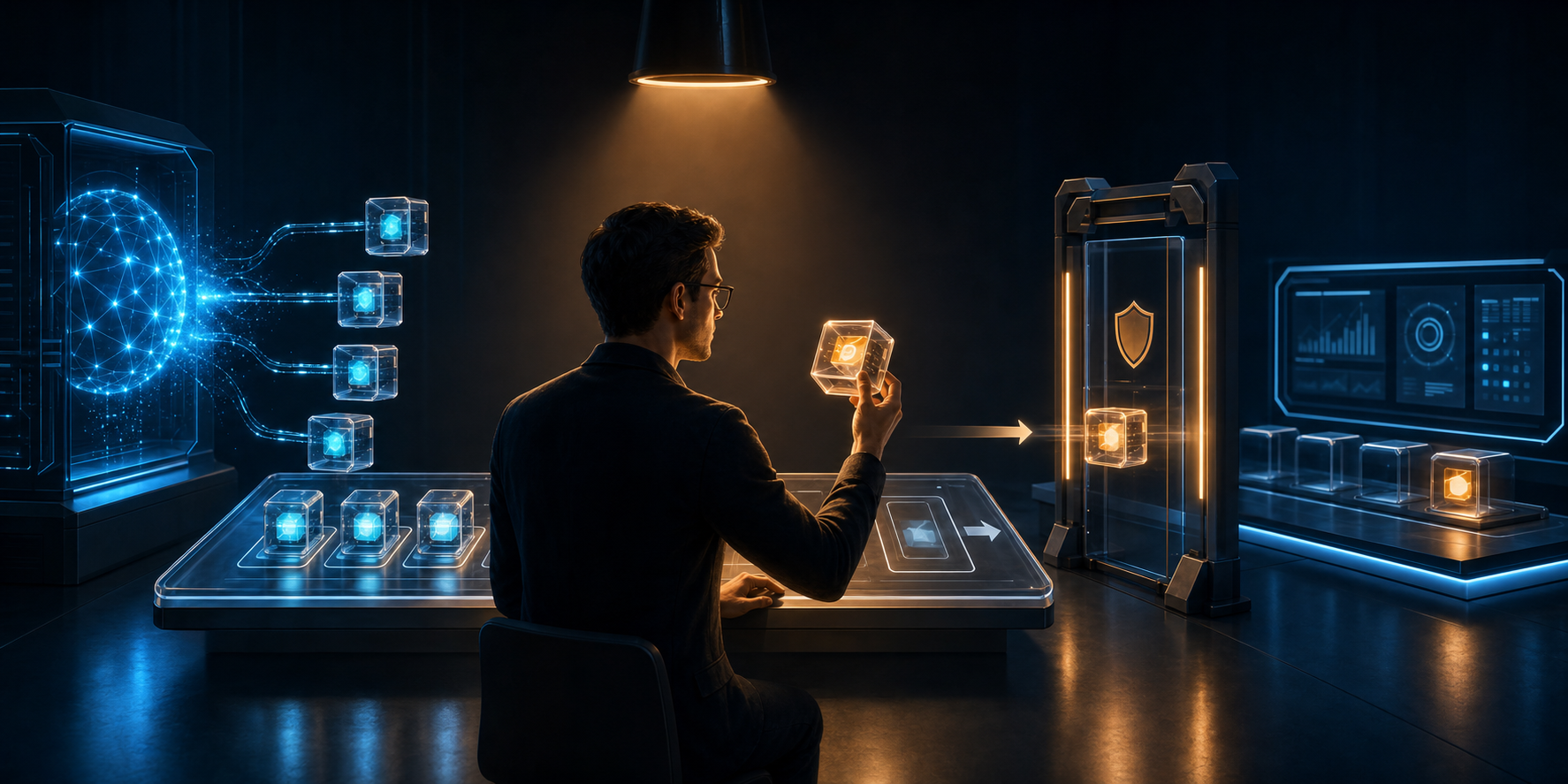 A campaign manager reviews AI-generated adjustment modules before allowing one to pass through an approval gate into an advertising system.
