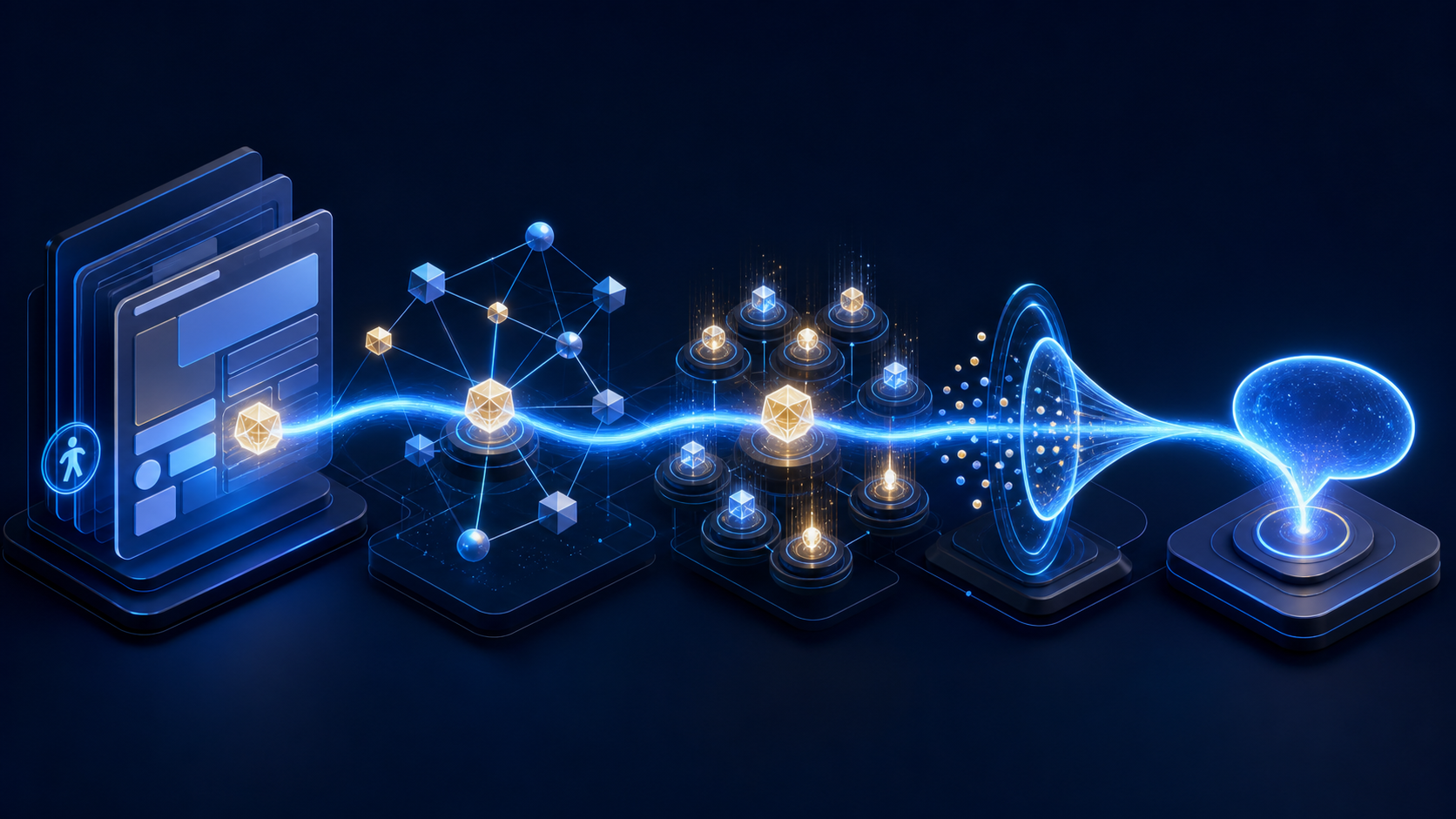 An abstract illuminated pathway connects a web page, knowledge network, evidence nodes, relevance filter, and conversational response symbol.
