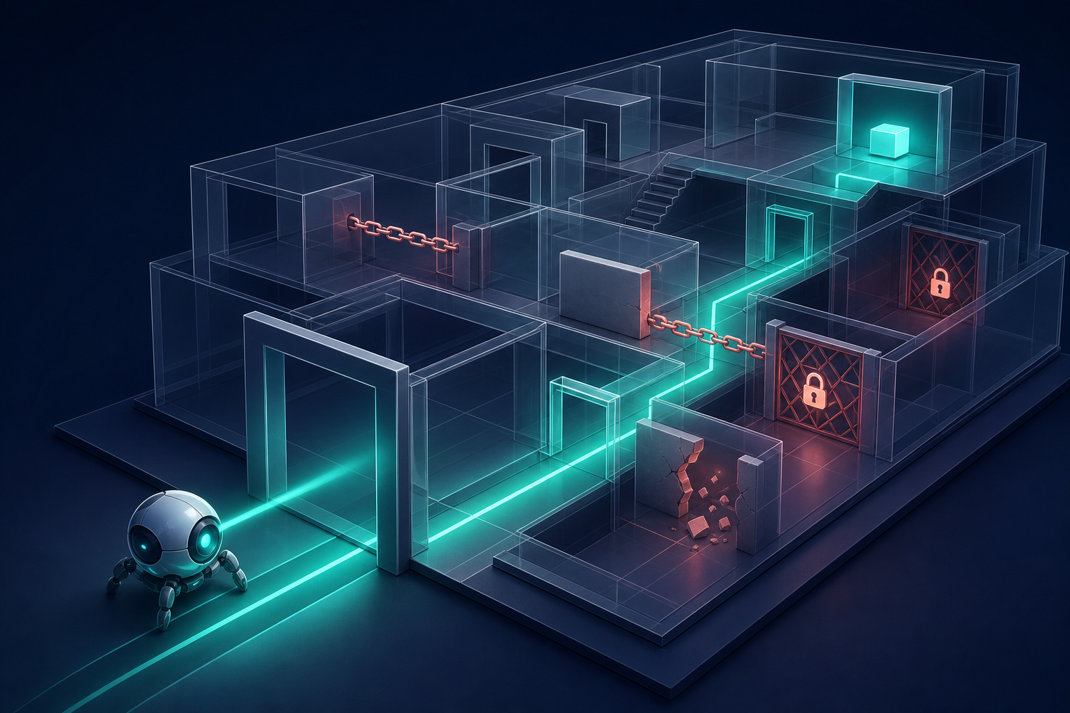 A glowing crawler-like orb follows an open route through a cutaway website structure while other routes are blocked by barriers.