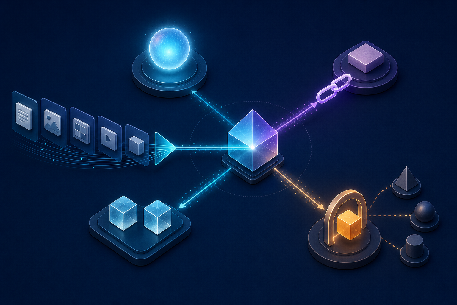 A central AI prism connects to four abstract outcomes represented by a presence orb, source link, matching objects, and a selected object passing through a gateway.