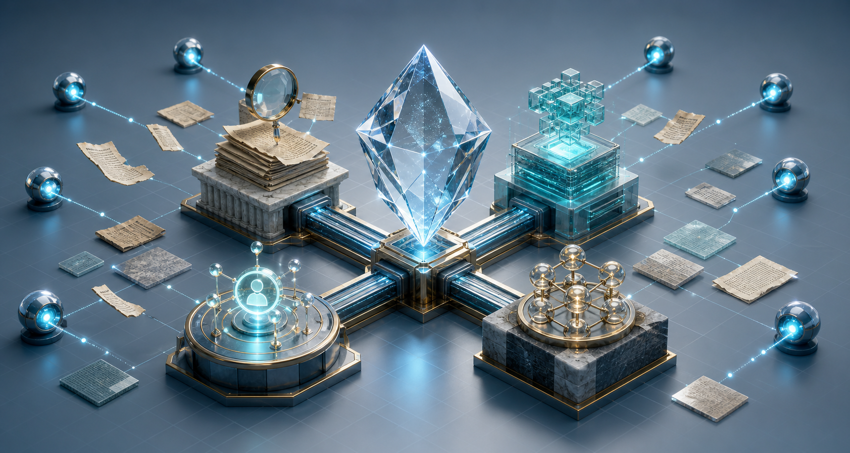 A crystalline knowledge object rests on four connected supports while surrounding nodes and source fragments reinforce it.