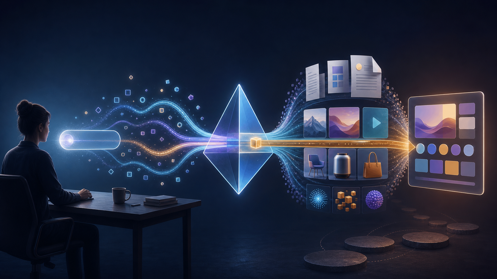 A person faces a glowing AI prism that compresses several branching search paths and source fragments into one synthesized answer.