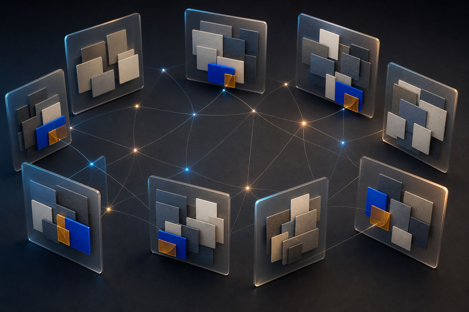 Several translucent answer surfaces contain changing source arrangements, with the same blue and amber source object recurring in different positions.