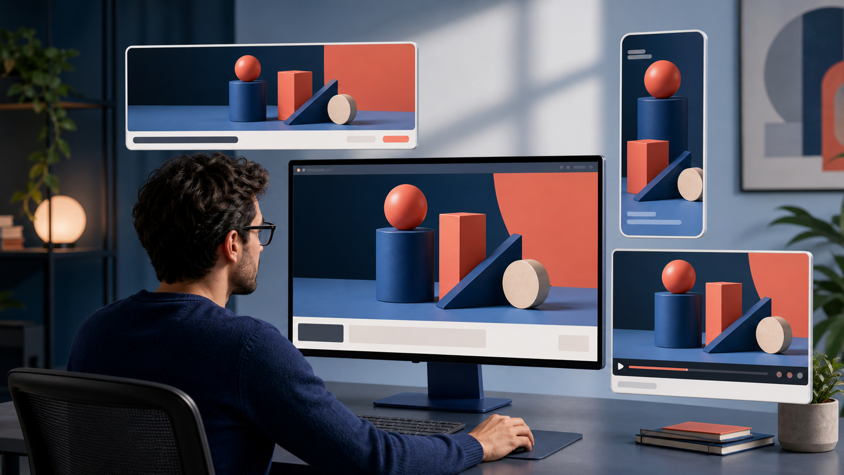 Advertising specialist reviewing one creative adapted to landscape, square, vertical, video, and compact card previews on a monitor.