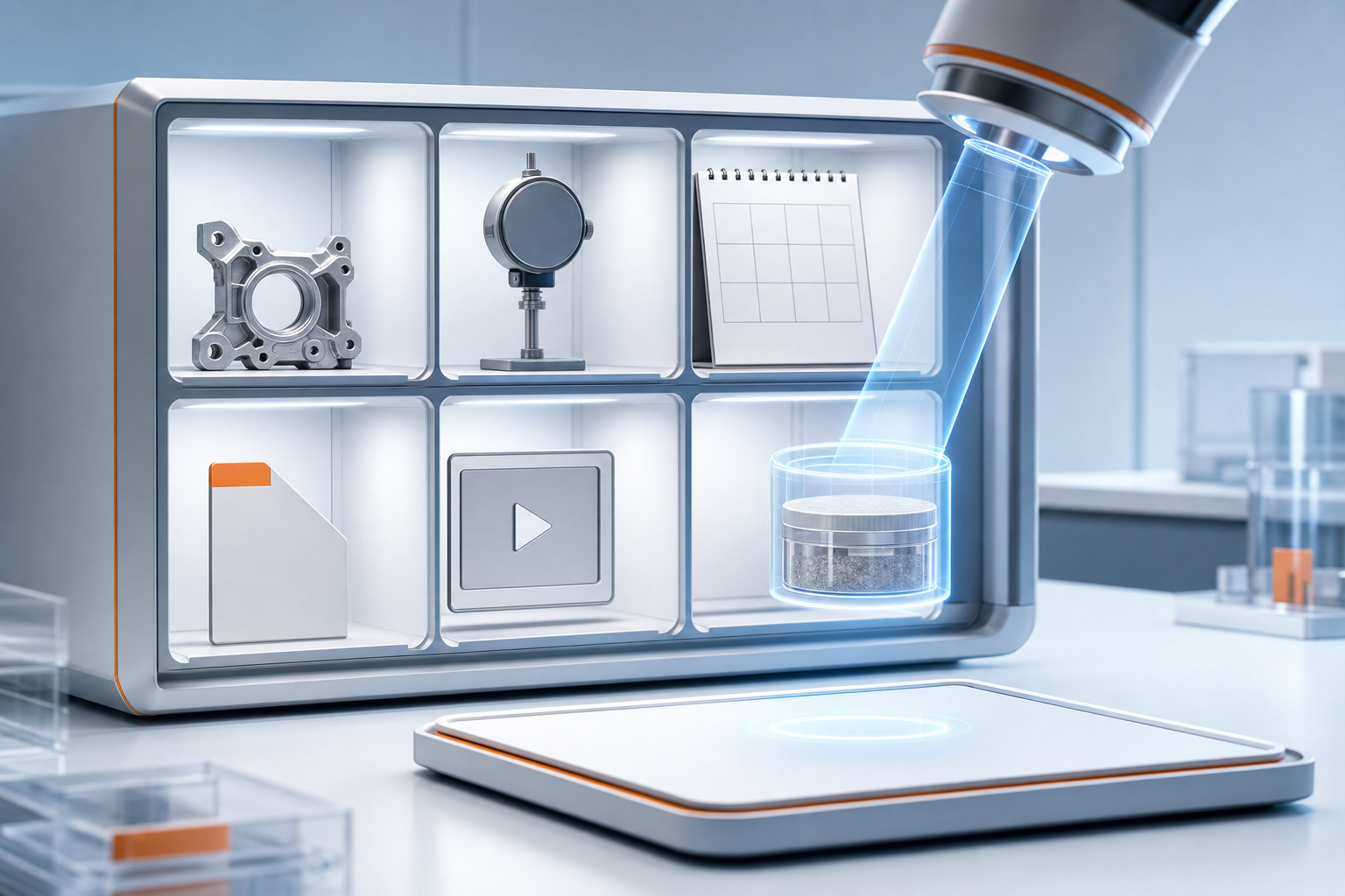 An illuminated knowledge cabinet organizes documents, a product part, a measuring tool, a video frame, and a sample while a search beam selects one evidence module.