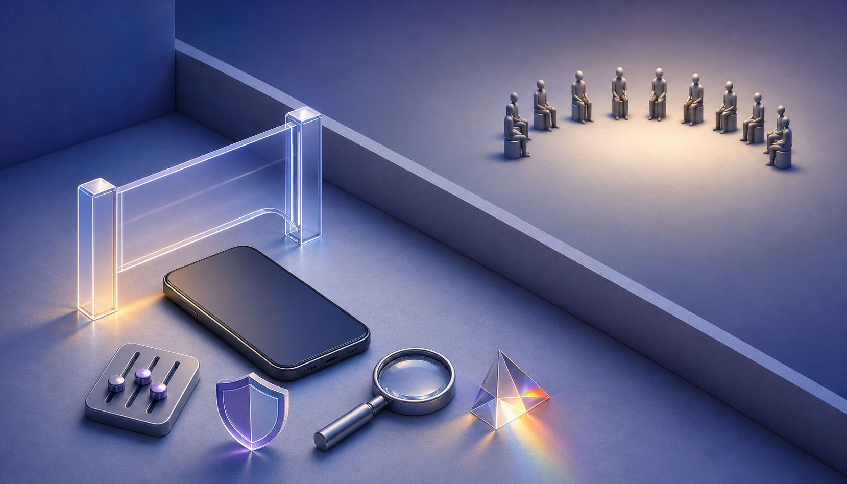An unbranded phone unlocks a set of premium tools while a distant audience remains the same size and distance away.