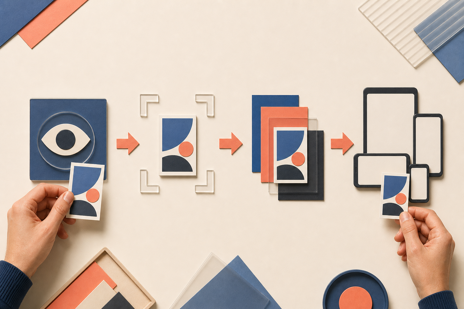 Hands arranging abstract ad-preview cards through visual checks for first impression, cropping, contrast, and consistency across devices.