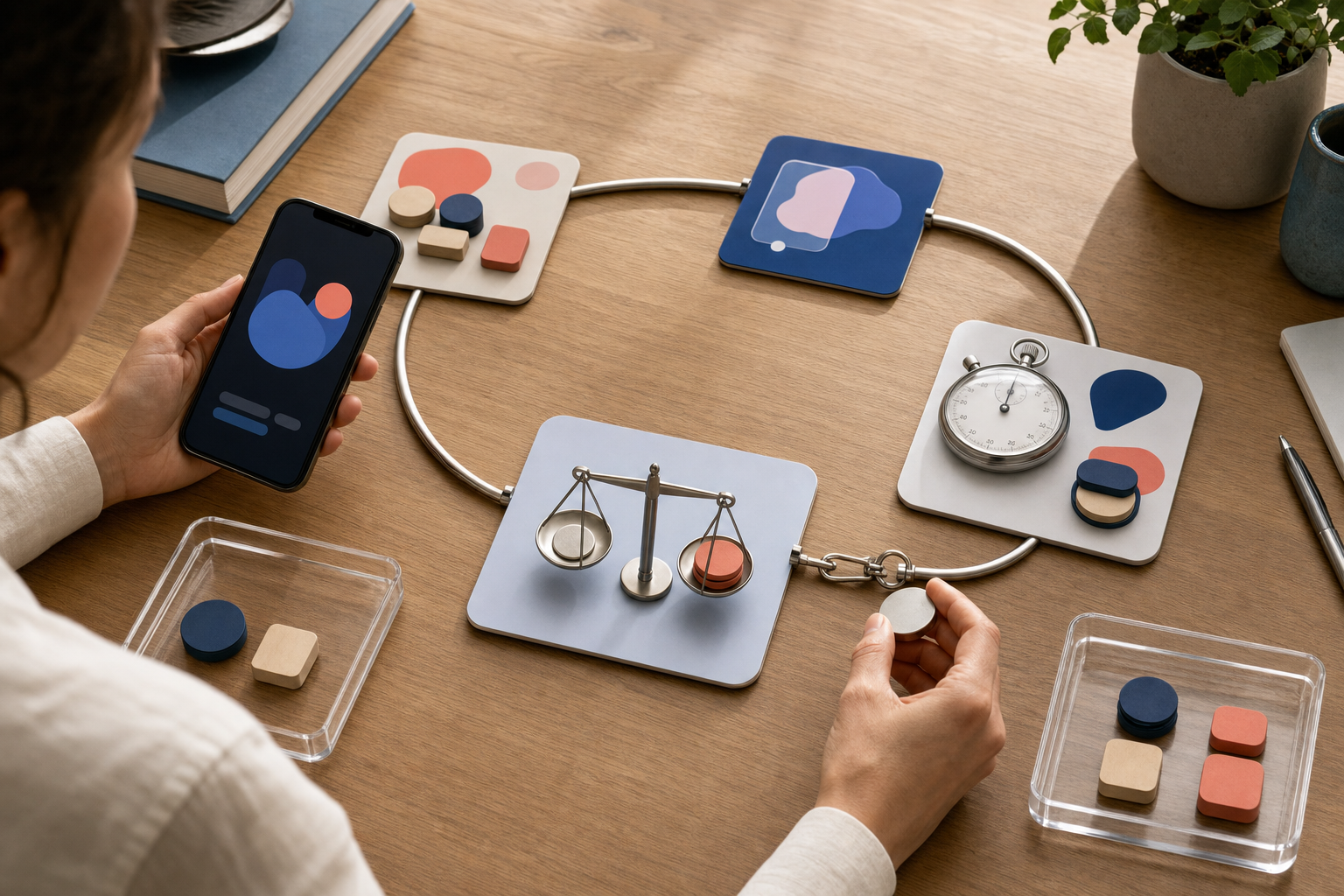 A marketer tests an unbranded phone feature through a tabletop workflow that compares time, remaining work, results, and recurring cost.