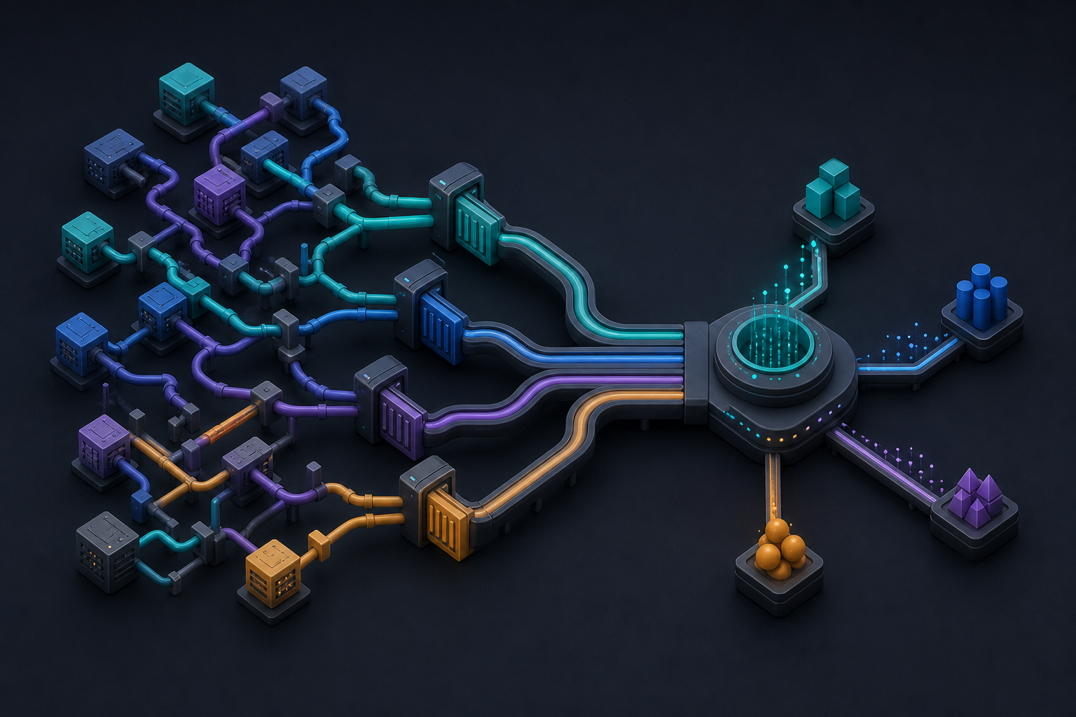 Many tangled campaign pathways merge into a few organized channels while several distinct control gates remain separate.