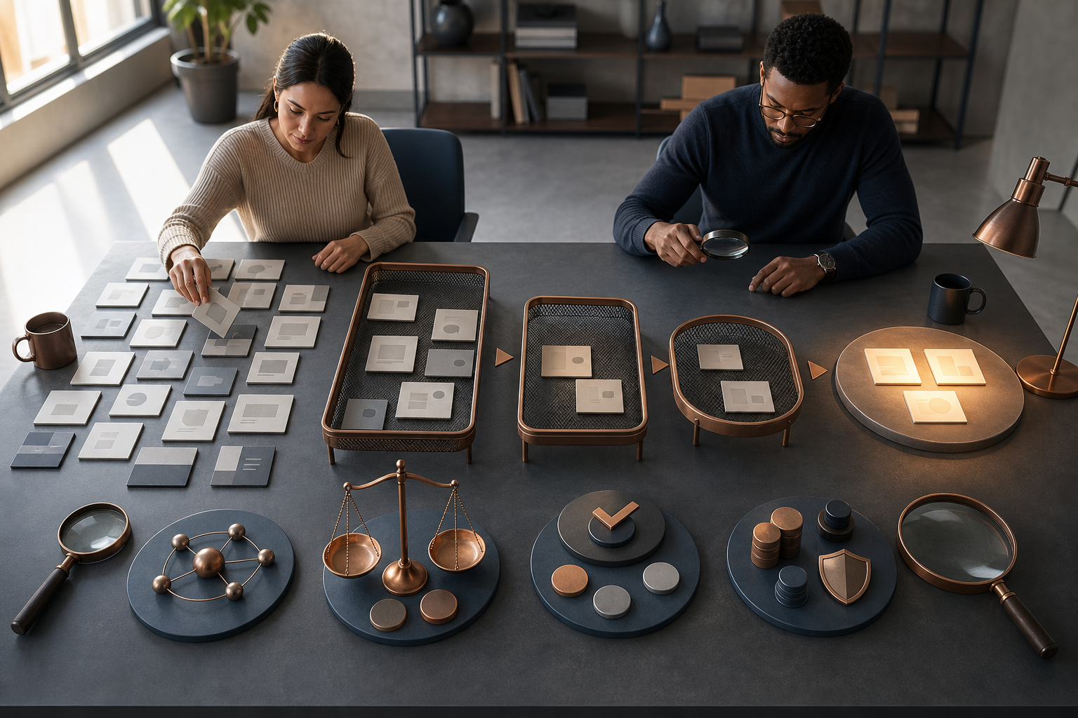 Two marketing buyers filter a large group of agency portfolio tiles into a small illuminated shortlist.