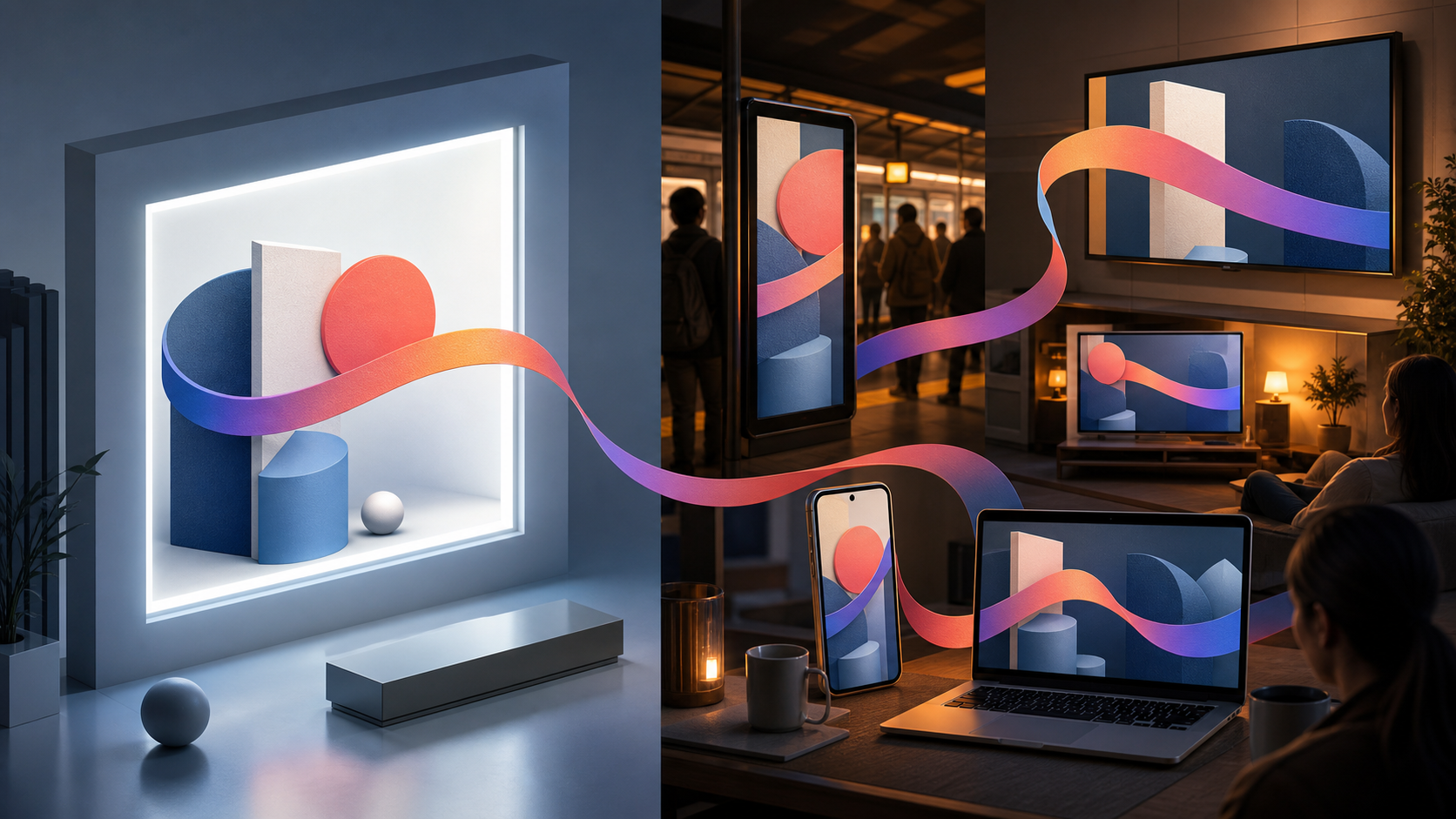 Split illustration showing a controlled ad preview beside the same creative appearing in varied real-world screen contexts.