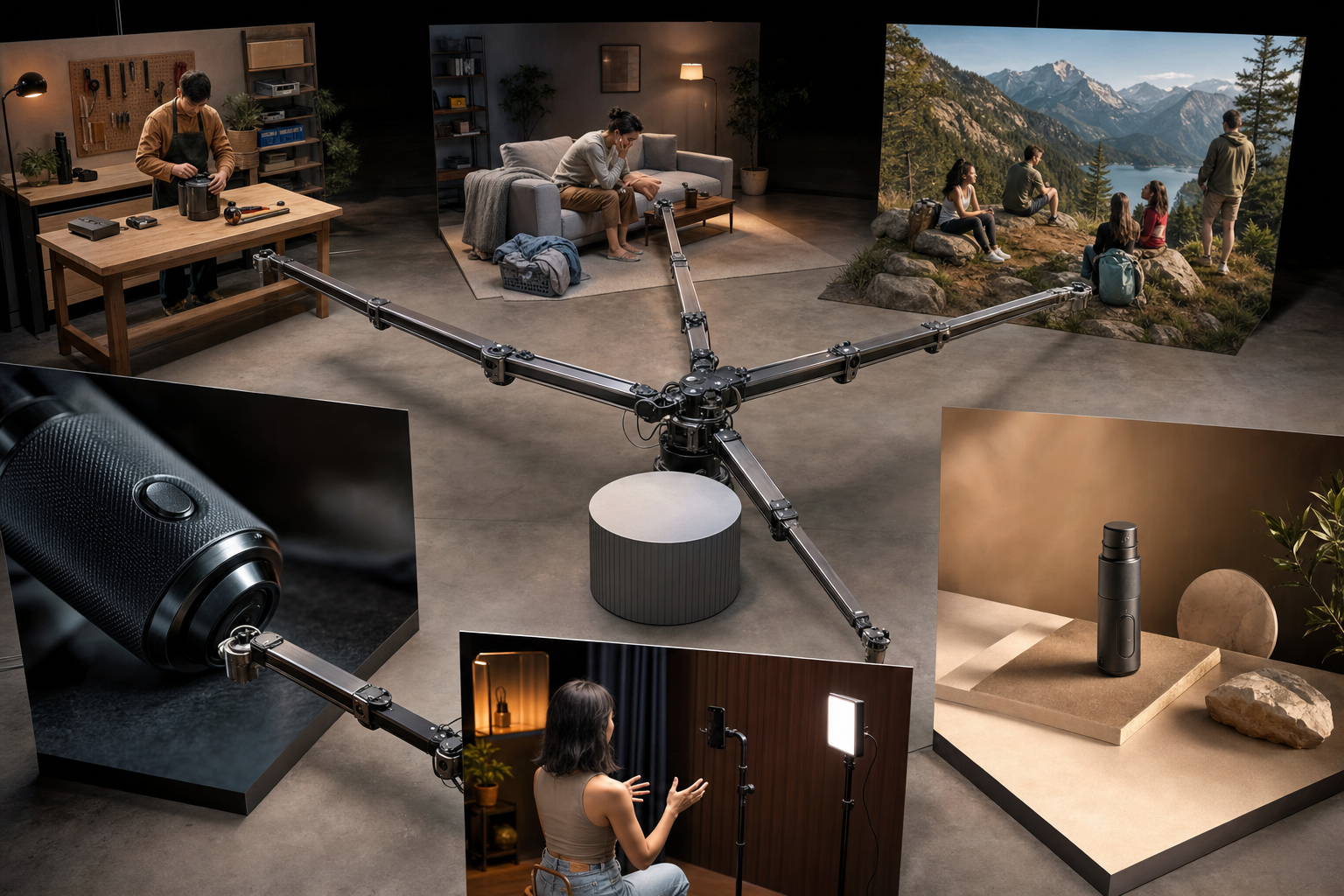 Six distinct advertising concepts surround a central product pedestal, including demonstration, lifestyle, close-up, creator-style, problem-focused, and promotional scenes.
