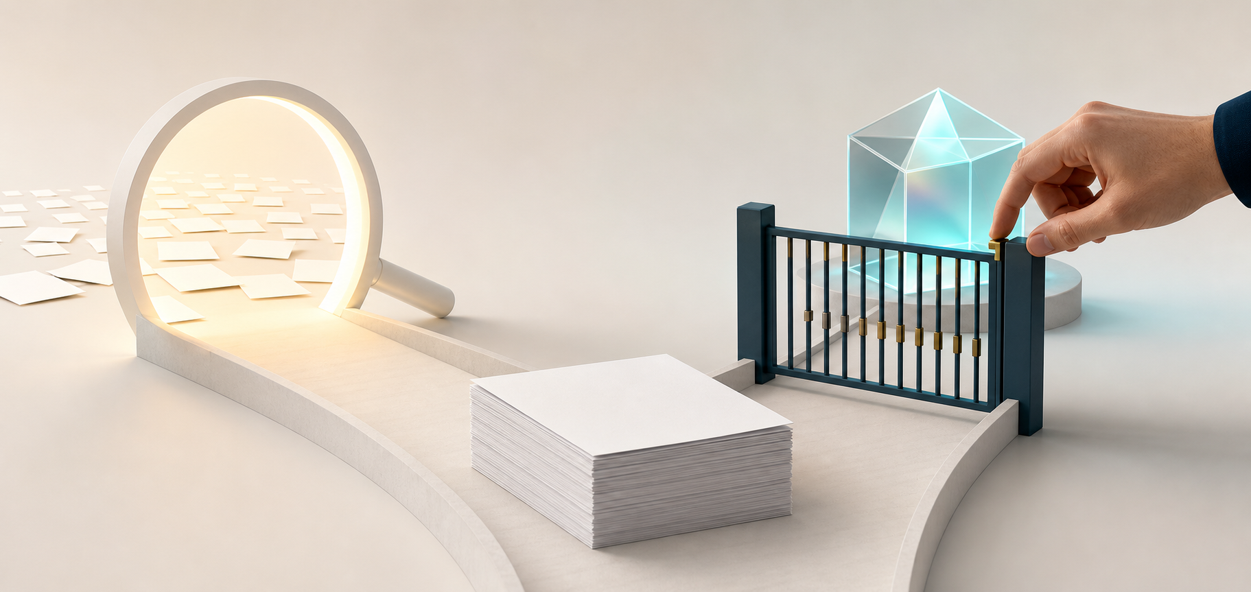 A stack of unmarked article pages branches toward a magnifying-glass portal and a separate glowing AI prism, with a hand adjusting only the AI-side gate.