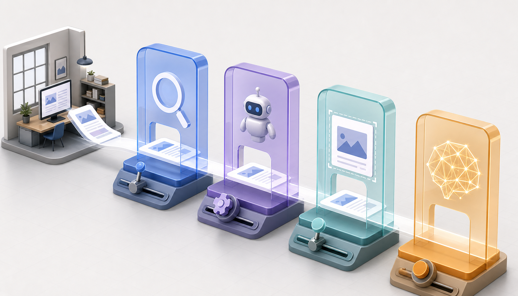 An isometric publishing system sends a page through four separate adjustable gates representing discovery, crawler access, previews, and generative processing.