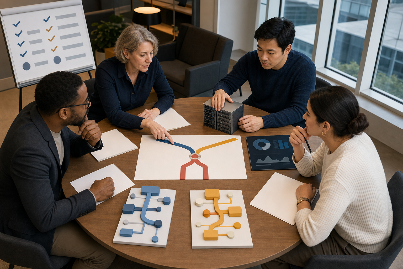 Four publishing professionals review blank documents, a server model, abstract dashboard shapes, and two color-coded pathways around a meeting table.