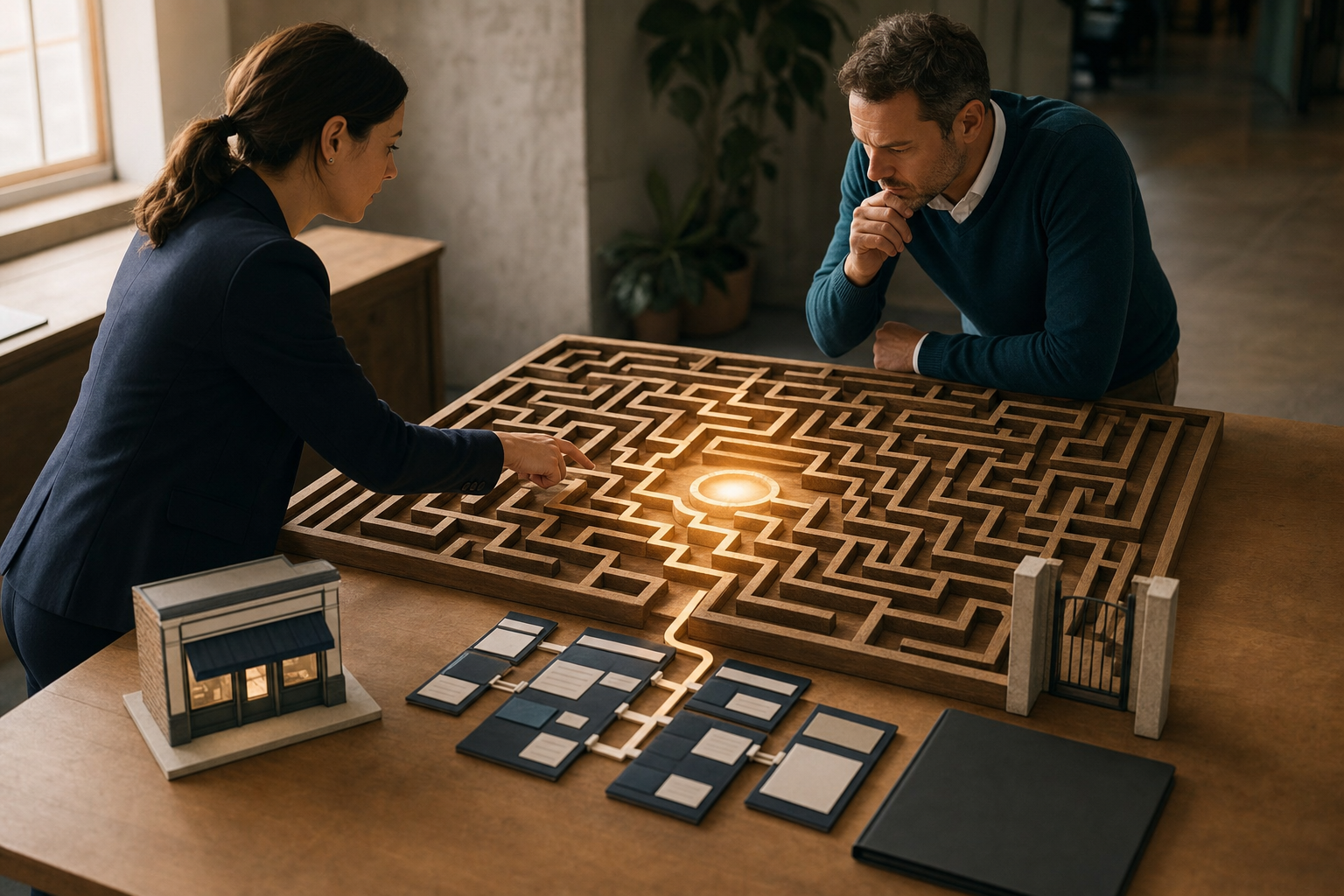 A small-business owner and consultant examine routes through a tabletop maze surrounded by models representing different business constraints.